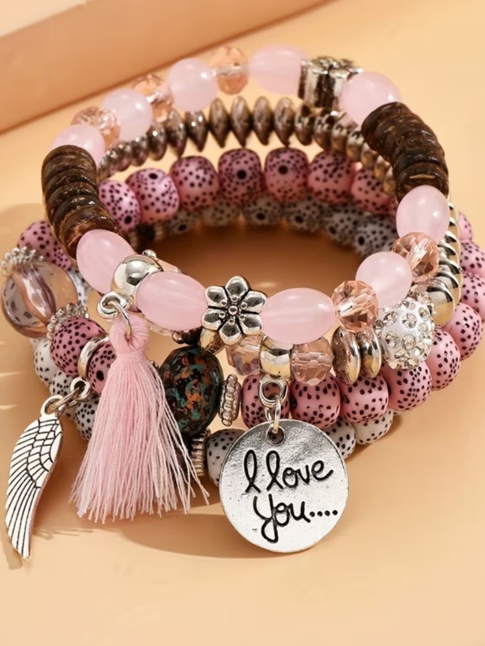 4PC Set Boho Pink Beaded Charm Bracelet - I Love You Pendant